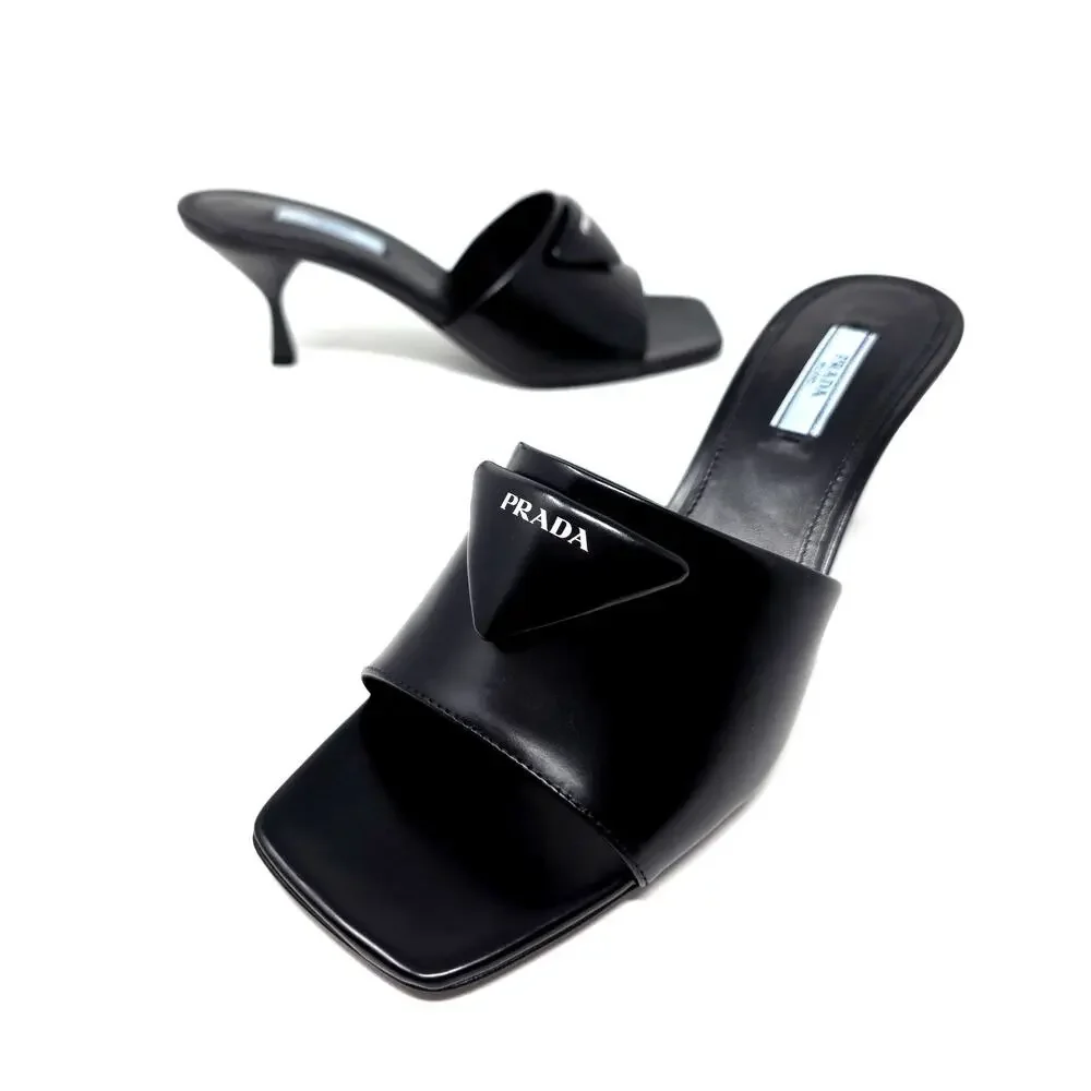 Prada Black Leather Triangle Logo Mule Slide Sandals Square Open Toe Heels 39 9